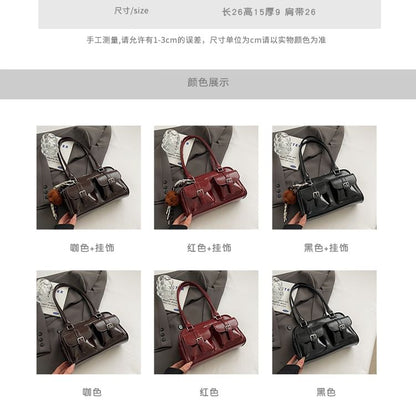 Multi-Pocket Faux Leather Tote Bag / Bag Charm / Set