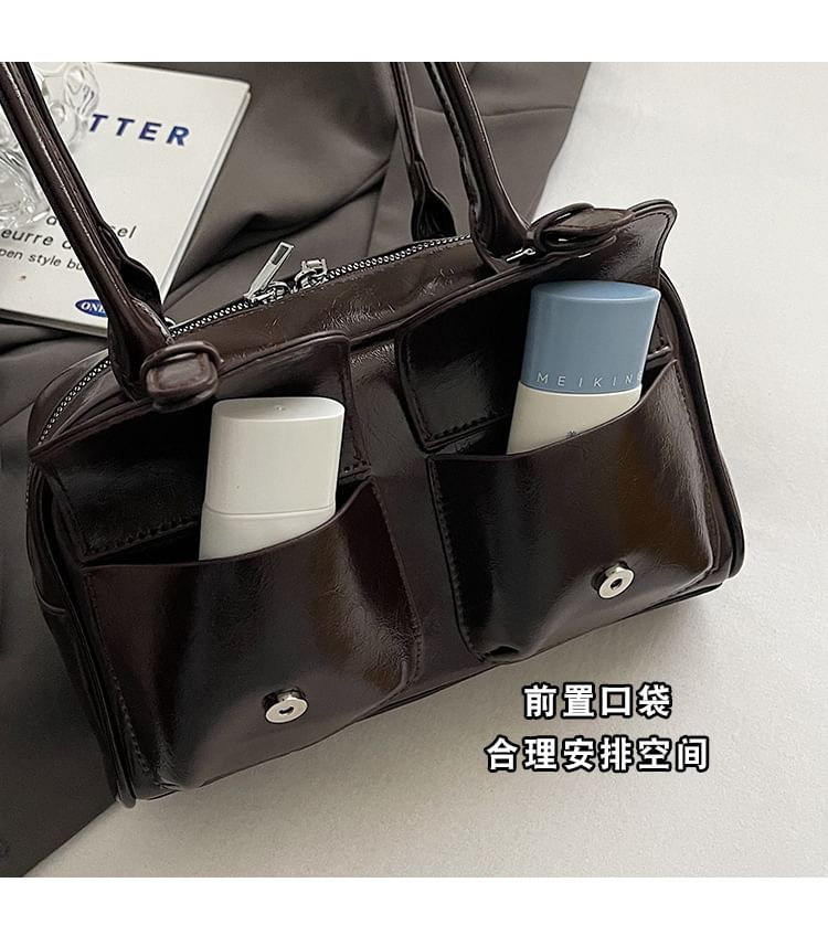 Multi-Pocket Faux Leather Tote Bag / Bag Charm / Set