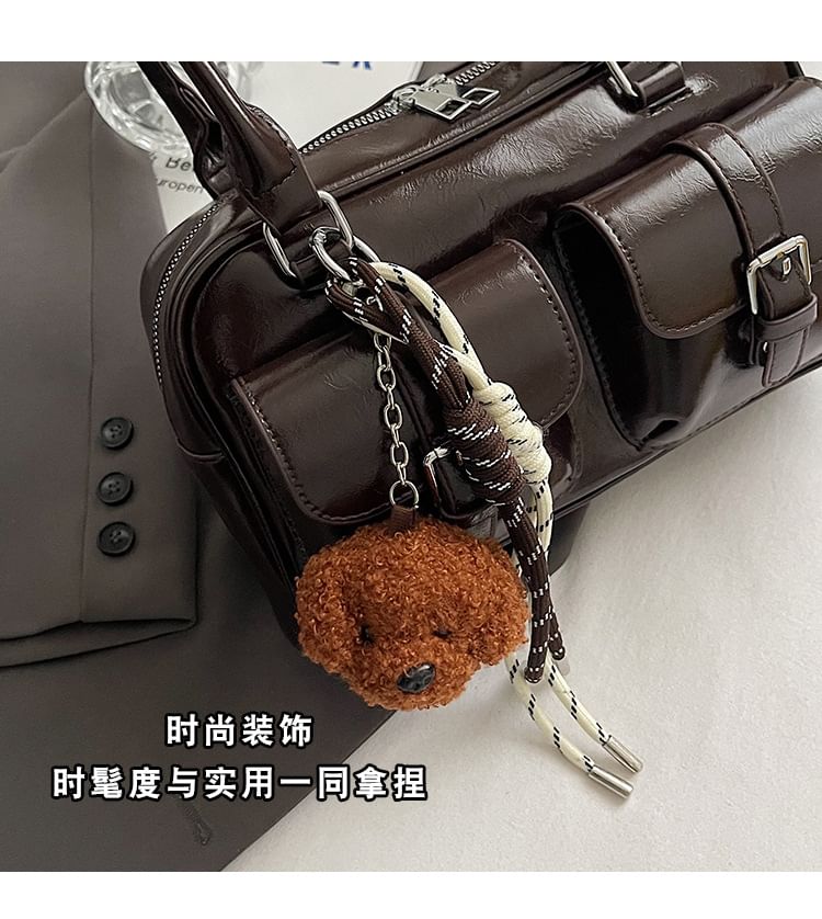 Multi-Pocket Faux Leather Tote Bag / Bag Charm / Set
