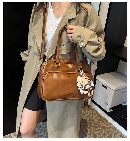 Lettering Multi-Pocket Faux Leather Tote Bag