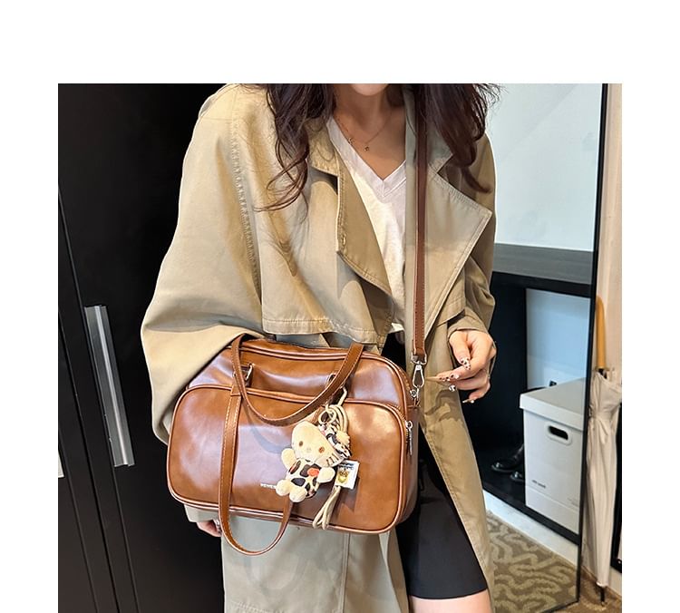 Lettering Multi-Pocket Faux Leather Tote Bag