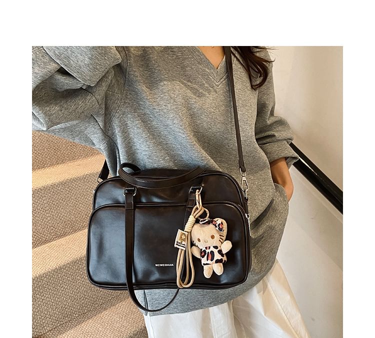 Lettering Multi-Pocket Faux Leather Tote Bag