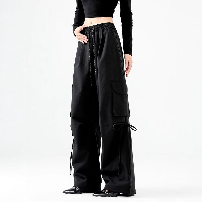 High Rise Plain Pocket Loose-Fit Wide-Leg Cargo Pants