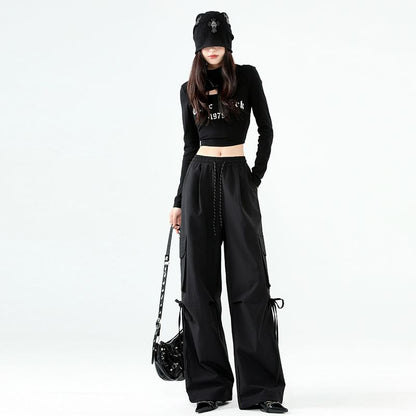 High Rise Plain Pocket Loose-Fit Wide-Leg Cargo Pants