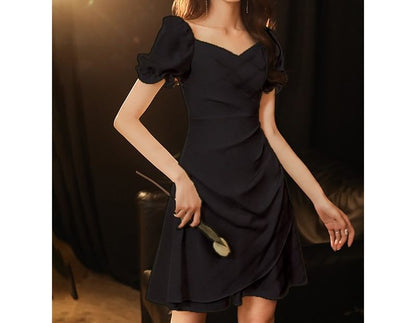 Short-Sleeve V-Neck Plain Ruched Mini A-Line Cocktail Dress
