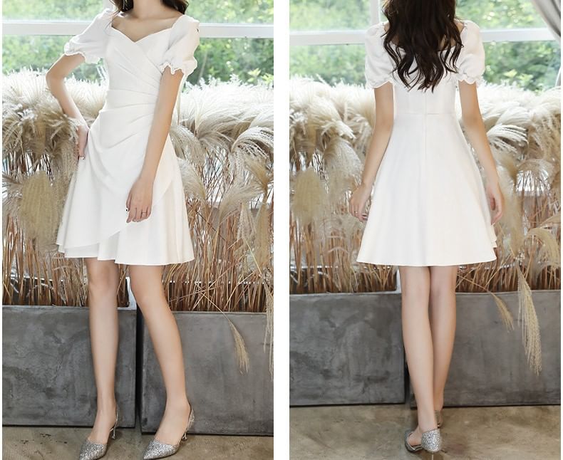 Short-Sleeve V-Neck Plain Ruched Mini A-Line Cocktail Dress