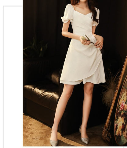 Short-Sleeve V-Neck Plain Ruched Mini A-Line Cocktail Dress