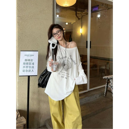 Long Sleeve Cold-Shoulder Graphic & Lettering Print Loose-Fit Pullover / High Waist Loose-Fit Wide-Leg Cargo Pants