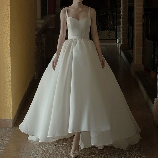 Spaghetti Strap Sweetheart Neckline Plain Trained Open Back A-Line Wedding Ball Gown