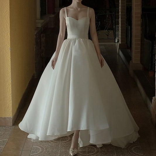 Spaghetti Strap Sweetheart Neckline Plain Trained Open Back A-Line Wedding Ball Gown