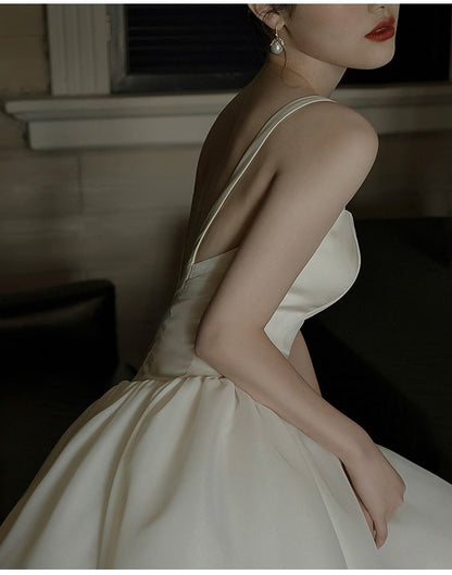 Spaghetti Strap Sweetheart Neckline Plain Trained Open Back A-Line Wedding Ball Gown