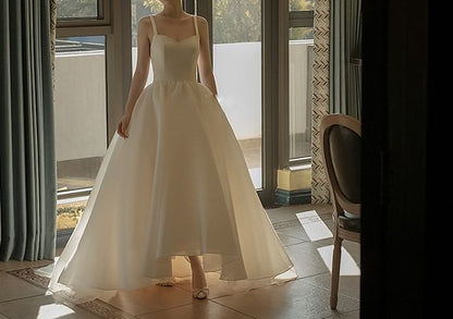 Spaghetti Strap Sweetheart Neckline Plain Trained Open Back A-Line Wedding Ball Gown
