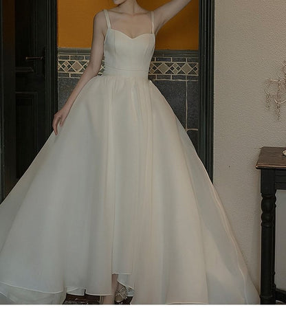 Spaghetti Strap Sweetheart Neckline Plain Trained Open Back A-Line Wedding Ball Gown