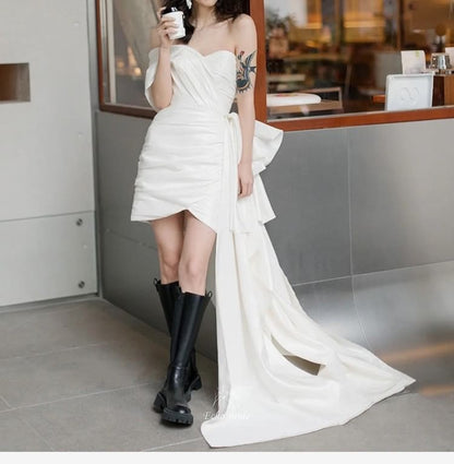 Short-Sleeve Off-Shoulder Plain Asymmetrical Ruched Mini Sheath Wedding Dress