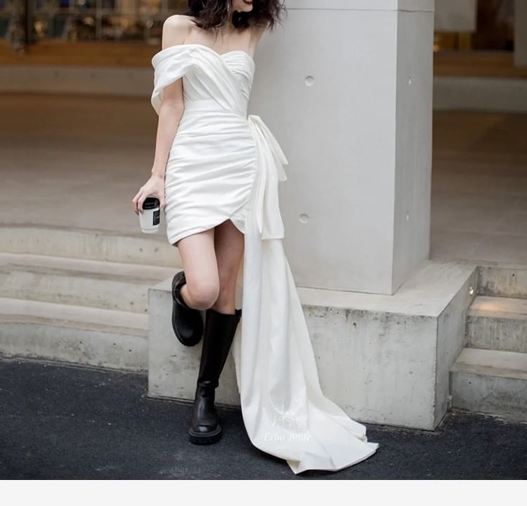Short-Sleeve Off-Shoulder Plain Asymmetrical Ruched Mini Sheath Wedding Dress