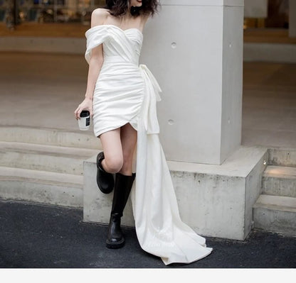 Short-Sleeve Off-Shoulder Plain Asymmetrical Ruched Mini Sheath Wedding Dress