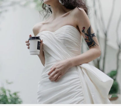 Short-Sleeve Off-Shoulder Plain Asymmetrical Ruched Mini Sheath Wedding Dress