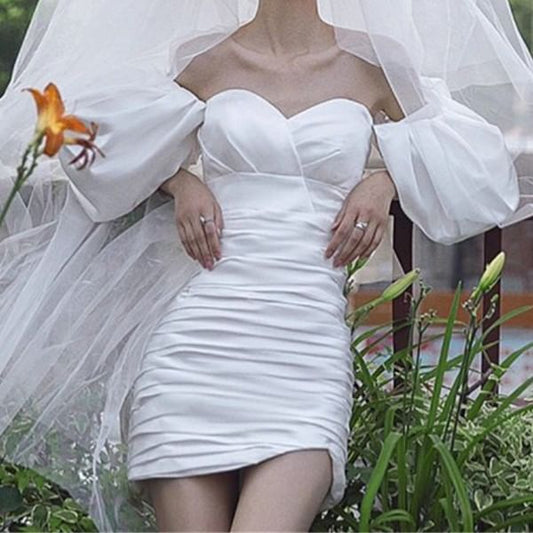 Puff-Sleeve Sweetheart Neckline Off-Shoulder Plain Ruched Mini Sheath Wedding Dress