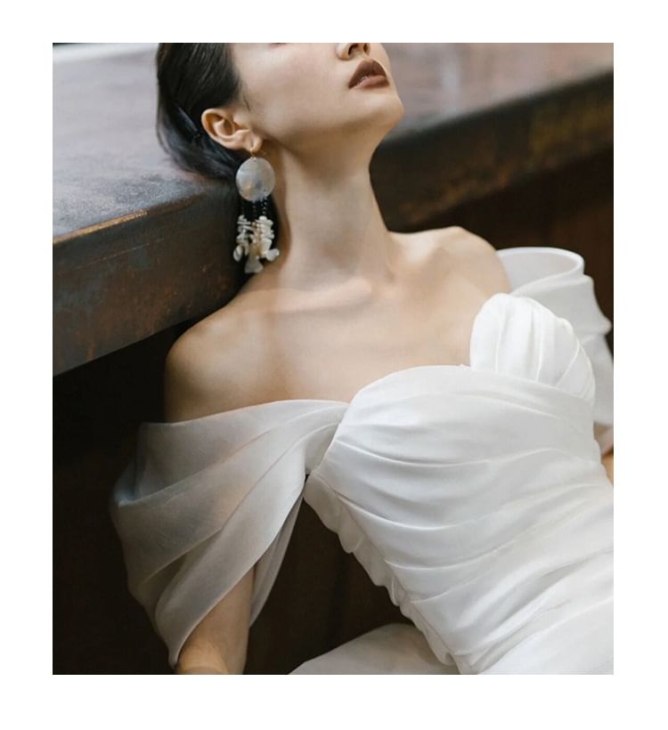 Off-Shoulder Plain Ruched Mini Sheath Wedding Dress