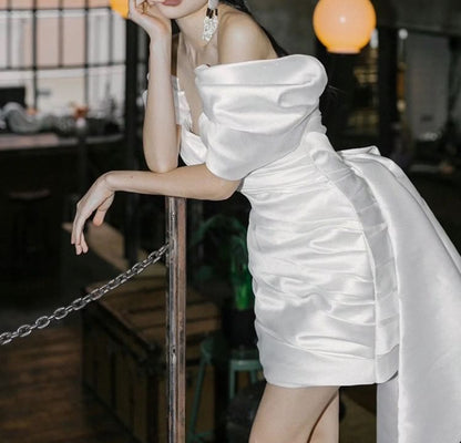 Off-Shoulder Plain Ruched Mini Sheath Wedding Dress
