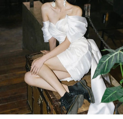 Off-Shoulder Plain Ruched Mini Sheath Wedding Dress