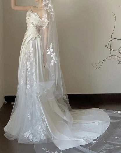 Spaghetti Strap One-Shoulder Floral Lace Panel A-Line Wedding Gown