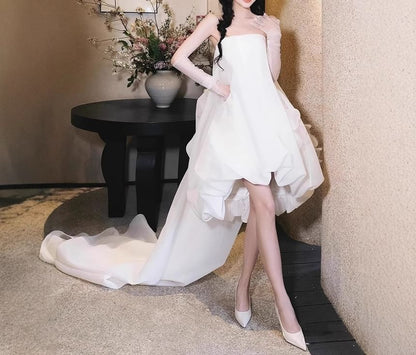 Strapless Plain Mesh Panel Bubble Hem Short Wedding Dress