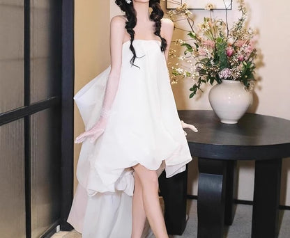 Strapless Plain Mesh Panel Bubble Hem Short Wedding Dress