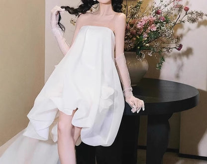 Strapless Plain Mesh Panel Bubble Hem Short Wedding Dress