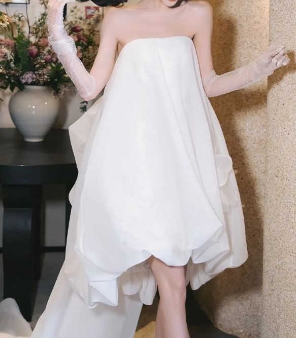Strapless Plain Mesh Panel Bubble Hem Short Wedding Dress