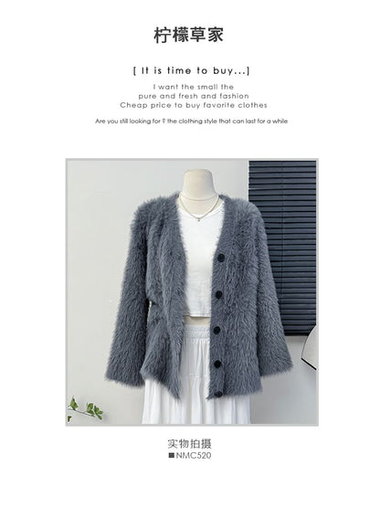 Faux-Fur V-Neck Cardigan