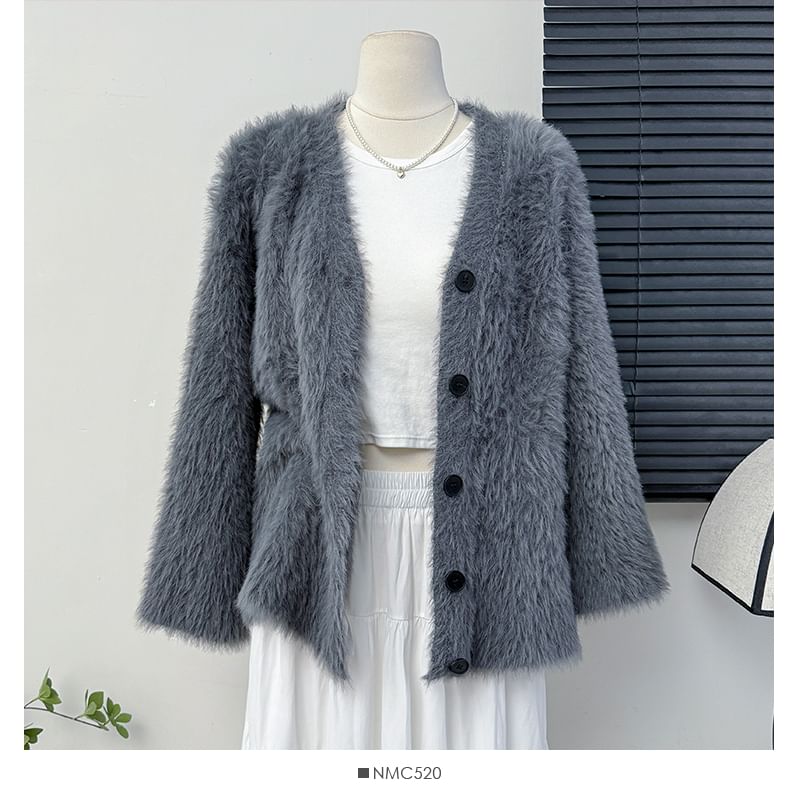 Faux-Fur V-Neck Cardigan