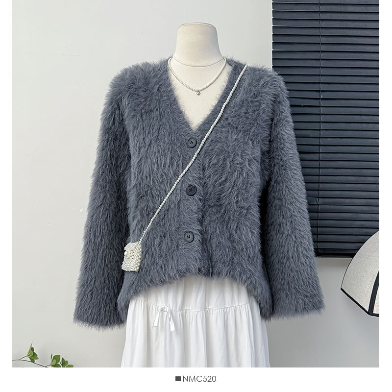 Faux-Fur V-Neck Cardigan