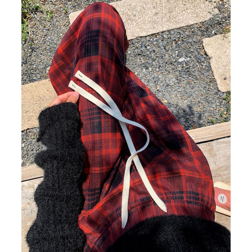 Drawstring Waist Plaid Wide Leg Pants