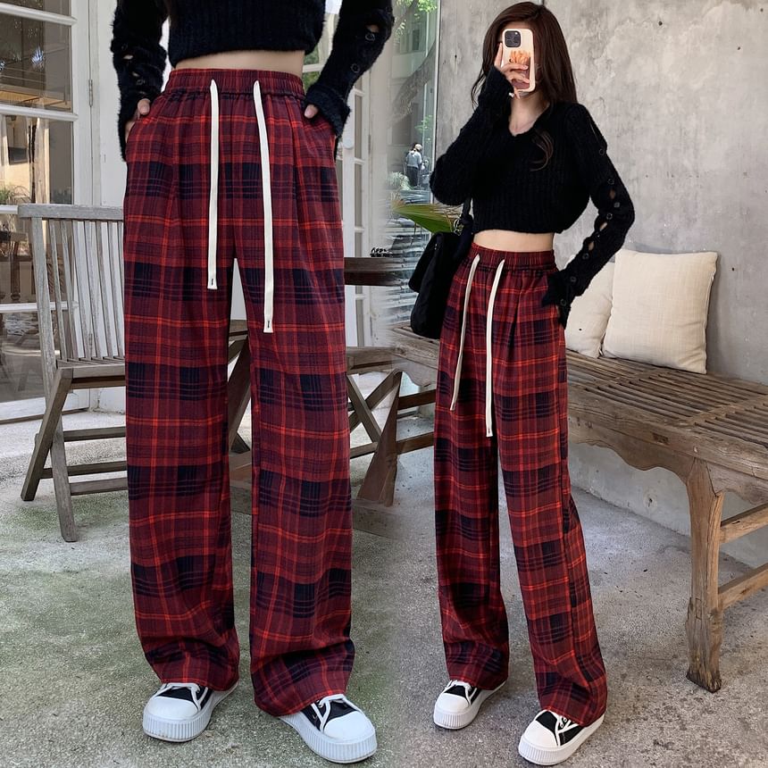 Drawstring Waist Plaid Wide Leg Pants