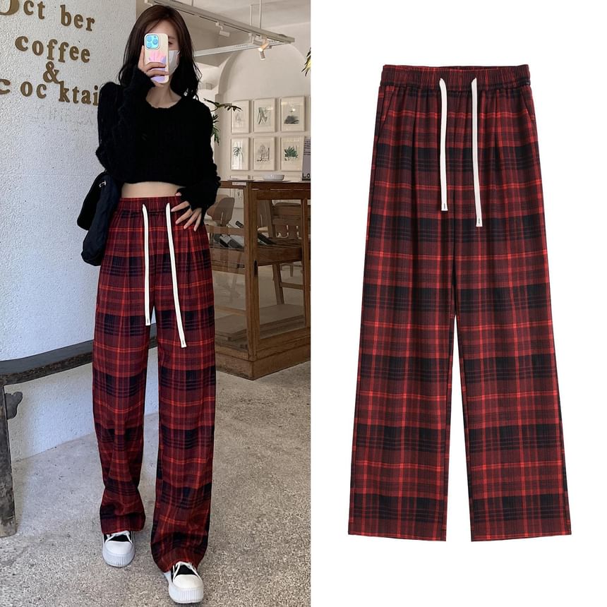 Drawstring Waist Plaid Wide Leg Pants