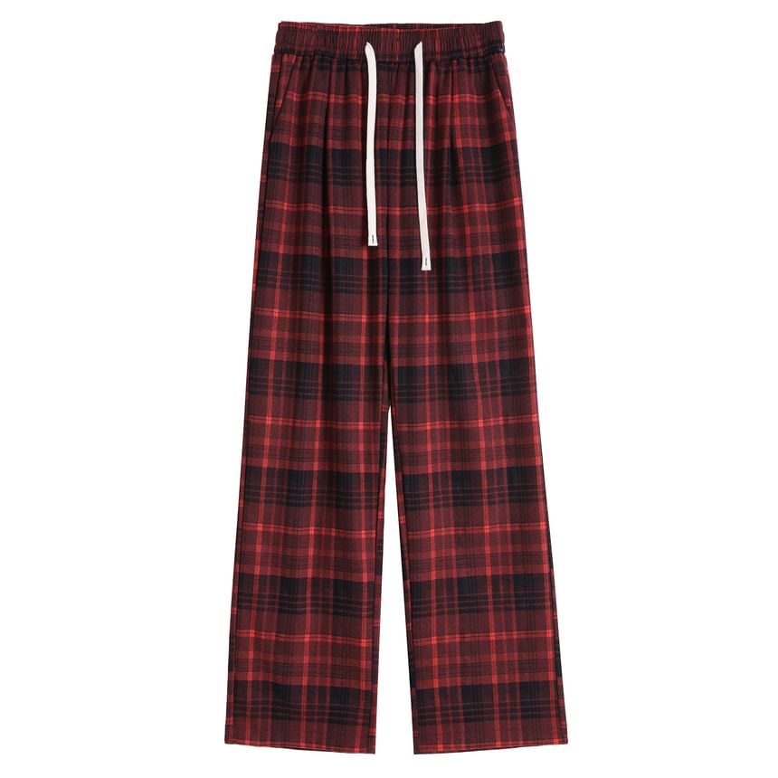 Drawstring Waist Plaid Wide Leg Pants