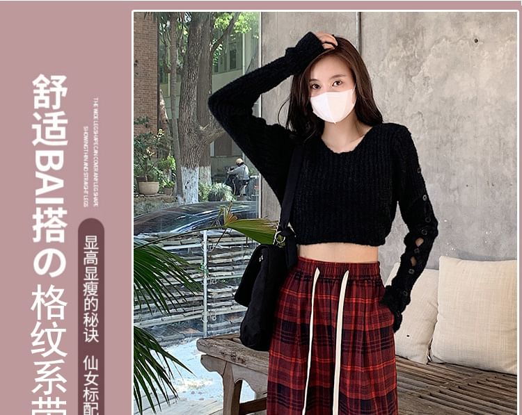 Drawstring Waist Plaid Wide Leg Pants