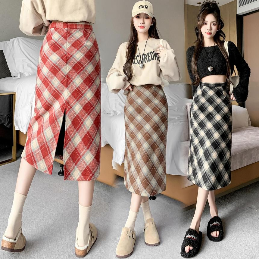 High Waist Plaid Midi A-Line Skirt