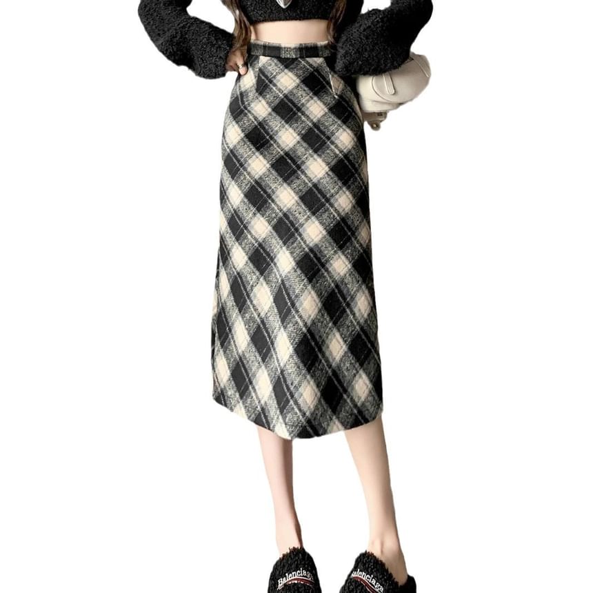 High Waist Plaid Midi A-Line Skirt