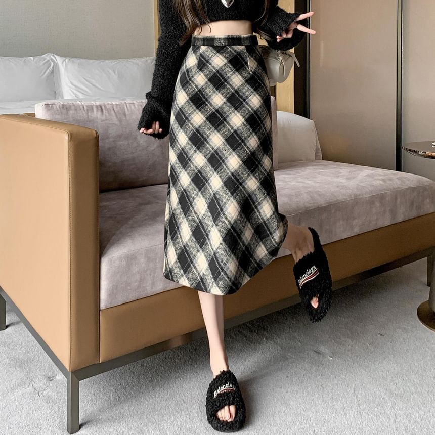 High Waist Plaid Midi A-Line Skirt