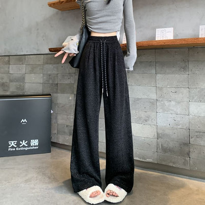 Drawstring Waist Patterned Fleece-Lined Wide Leg Pants