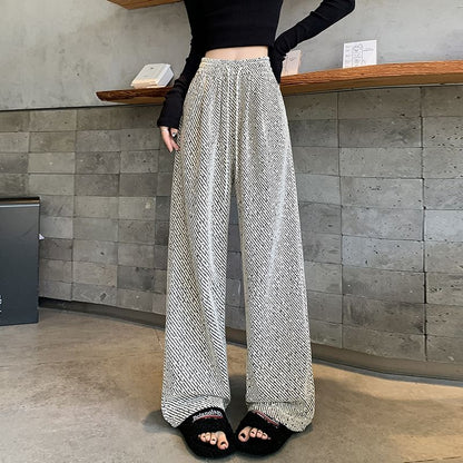 Drawstring Waist Patterned Fleece-Lined Wide Leg Pants