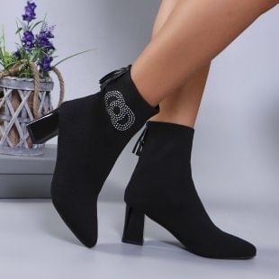 Rhinestone Toe Chunky Short Heel Boots Accent Pointed Socks