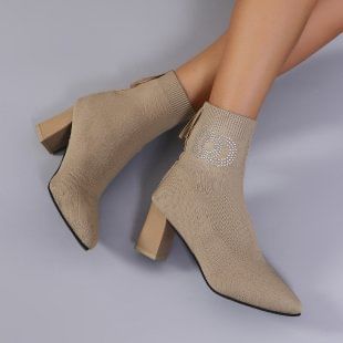 Rhinestone Toe Chunky Short Heel Boots Accent Pointed Socks