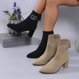 Rhinestone Toe Chunky Short Heel Boots Accent Pointed Socks