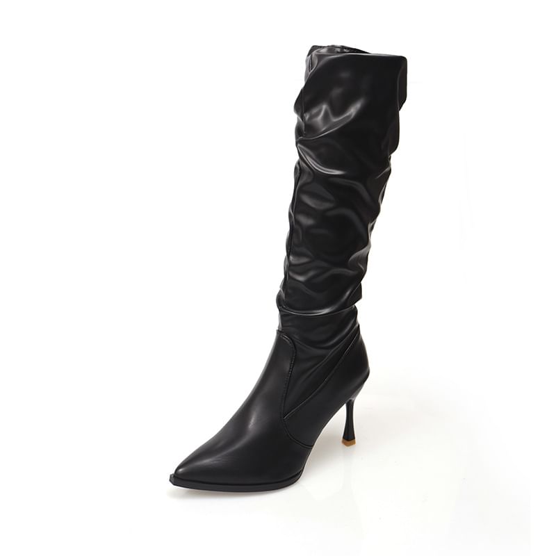 Pointed Toe Boots Plain Leather Faux High Heel Tall