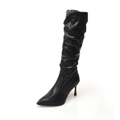 Pointed Toe Boots Plain Leather Faux High Heel Tall