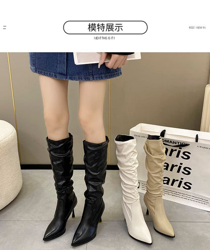 Pointed Toe Boots Plain Leather Faux High Heel Tall