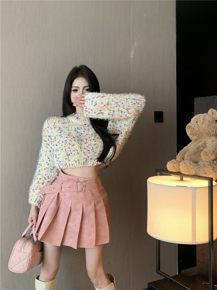 Mock Neck Dotted Cropped Sweater / High Rise Washed Pleated Mini A-Line Skirt